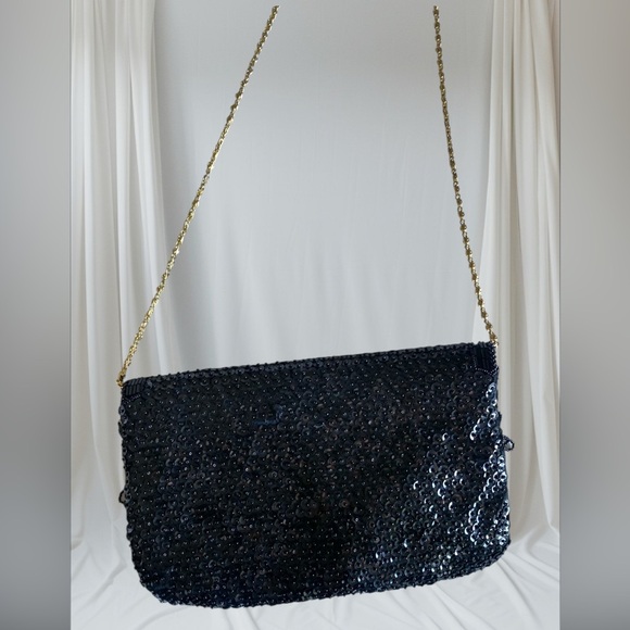 Bag  la regale Ltd Black beaded Sequin Clutch with Gold Chain shoulder bag - Picture 2 of 6
